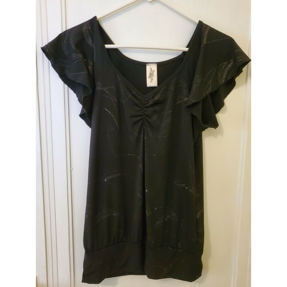 Vintage Capia Women's Size Large Black Shirt Top Stretchy Butterfly SS Made USA
